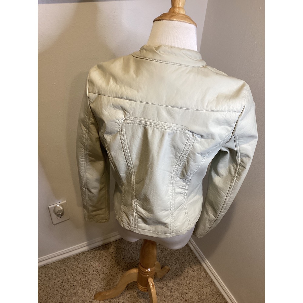 LZ Women's Faux Leather Moto Jacket Cream Collarless Zip Pockets Size M - Picture 5 of 6